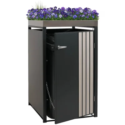 1er-Mülltonnenverkleidung MCW-O67, Mülltonnenbox mit Pflanzkasten, Metall 125x68x84cm 35kg ~ anthrazit Holzoptik hell