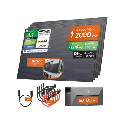 2000W + Anker 2 PRO Solarway® All In One Balkonkraftwerk mit Speicher 2000W komplett Steckdose - 1,6 kWh Anker Solix 2 PRO Speicher - Solaranlage Komplettset - 500W bifaziale Solarmodule & Anker Speicher & Zubehör