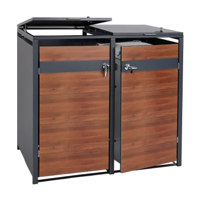 2er Mülltonnenverkleidung MCW-J82, Mülltonnenbox, erweiterbar, Metall 50kg, anthrazit~ Kirsche-Holzoptik dunkelbraun