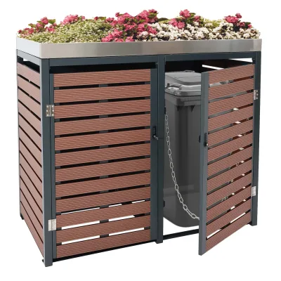 2er Mülltonnenverkleidung MCW-K14, Mülltonnenbox mit Pflanzkasten, 124x134x84cm WPC Edelstahl 79kg ~ Walnuss-Holzoptik