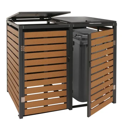 2er Mülltonnenverkleidung MCW-K14, Mülltonnenbox Mülltonnenabdeckung, 119x134x84cm WPC Metall 78kg ~ Teak-Optik