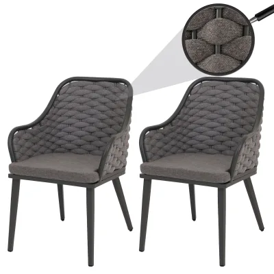 2er-Set Aluminium-Gartenstuhl MCW-O16, Outdoor Stuhl Armlehne, Olefin Seilgeflecht Rope ~ anthrazit Kissen dunkelgrau