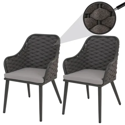 2er-Set Aluminium-Gartenstuhl MCW-O16, Outdoor Stuhl Armlehne, Olefin Seilgeflecht Rope ~ anthrazit Kissen hellgrau