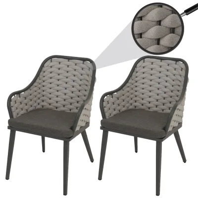 2er-Set Aluminium-Gartenstuhl MCW-O16, Outdoor Stuhl Armlehne, Olefin Seilgeflecht Rope ~ hellgrau Kissen dunkelgrau