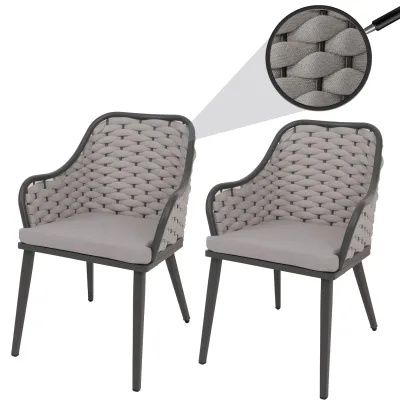 2er-Set Aluminium-Gartenstuhl MCW-O16, Outdoor Stuhl Armlehne, Olefin Seilgeflecht Rope ~ hellgrau Kissen hellgrau