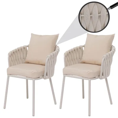 2er-Set Aluminium-Gartenstuhl MCW-P89, Gartensessel Outdoor Stuhl, Stoff/Textil (180 g/m²) Seilgeflecht Rope ~ creme
