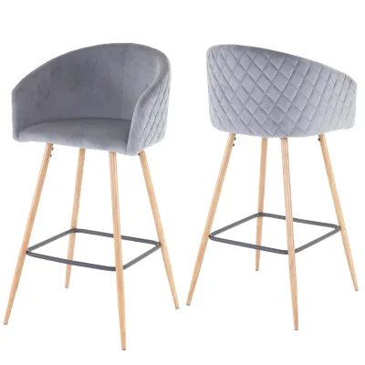 2er-Set Barhocker MCW-D72, Barstuhl Tresenhocker Küchenhocker mit Lehne, Metall Holzoptik ~ Samt, grau