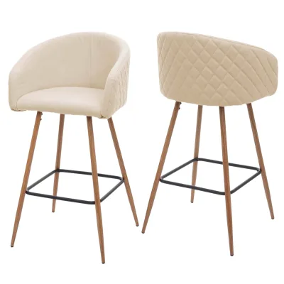 2er-Set Barhocker MCW-D72, Barstuhl Tresenhocker Küchenhocker mit Lehne, Metall Holzoptik ~ Stoff/Textil, creme-beige