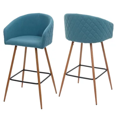 2er-Set Barhocker MCW-D72, Barstuhl Tresenhocker Küchenhocker mit Lehne, Metall Holzoptik ~ Stoff/Textil, türkis