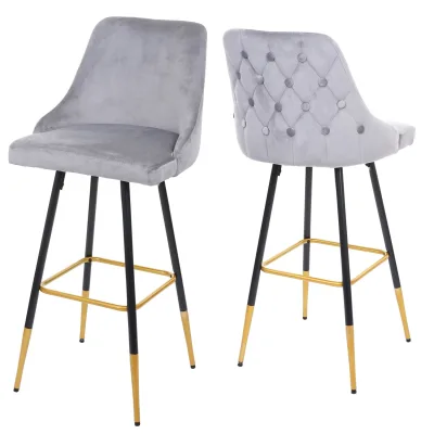 2er-Set Barhocker MCW-E70, Barstuhl Tresenhocker, Retro Design Samt goldene Streben/Füße ~ grau