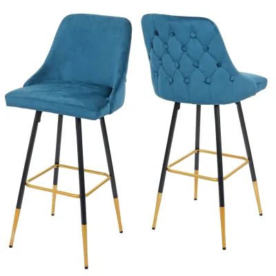2er-Set Barhocker MCW-E70, Barstuhl Tresenhocker, Retro Design Samt goldene Streben/Füße ~ petrol-blau