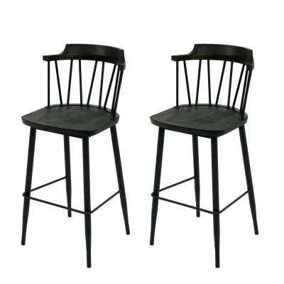 2er-Set Barhocker MCW-G69b, Tresenhocker Barstuhl, Massivholz Retro Design Metall Fußablage Gastronomie ~ anthrazit