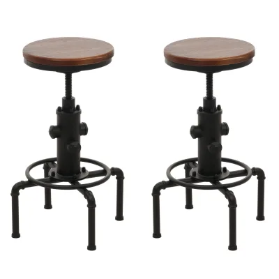 2er-Set Barhocker MCW-N23, Barstuhl Tresenhocker höhenverstellbar drehbar Fußablage Industrial Eisen Massiv-Holz ~ braun