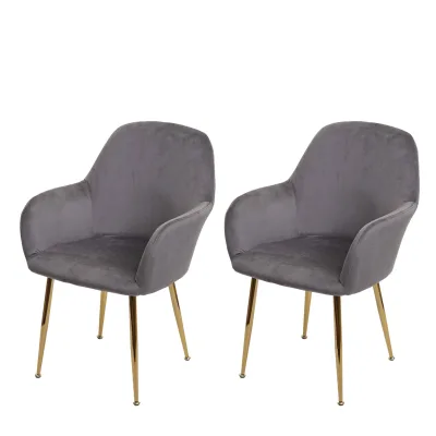 2er-Set Esszimmerstuhl MCW-F18, Stuhl Küchenstuhl, Retro Design ~ Samt grau, goldene Beine