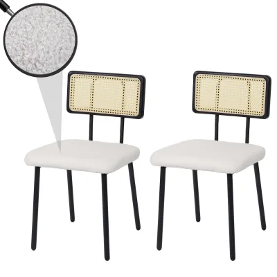 2er-Set Esszimmerstuhl MCW-K88, Lehnstuhl Stuhl, Holz Poly-Rattan Metall Bouclé ~ Stoff/Textil weiß