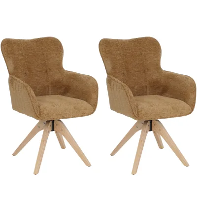 2er-Set Esszimmerstuhl MCW-Q35, Küchenstuhl Armlehne drehbar, Stoff Chenille (680g/m²) Holz MVG ~ senfgelb