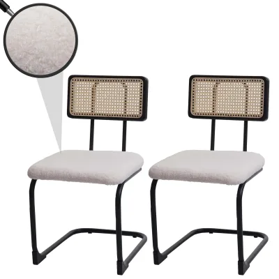 2er-Set Freischwinger-Stuhl MCW-K88, Stuhl Lehnstuhl, Holz Rattan Metall Bouclé ~ Stoff/Textil weiß