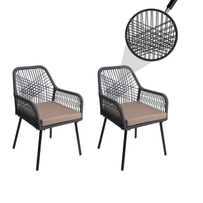 2er-Set Gartenstuhl MCW-O12, Outdoor Sitzpolster Aluminium Seilgeflecht Rope ~ anthrazit, Bezug taupe