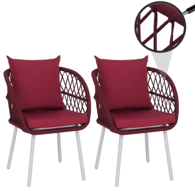 2er-Set Gartenstuhl MCW-Q38, Gartensessel Armlehne, Aluminium Seilgeflecht Rope ~ Gestell hellgrau, Polster bordeaux