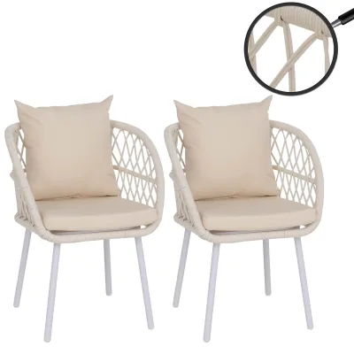 2er-Set Gartenstuhl MCW-Q38, Gartensessel Armlehne, Aluminium Seilgeflecht Rope ~ Gestell hellgrau, Polster creme