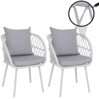 2er-Set Gartenstuhl MCW-Q38, Gartensessel Armlehne, Aluminium Seilgeflecht Rope ~ Gestell hellgrau, Polster hellgrau
