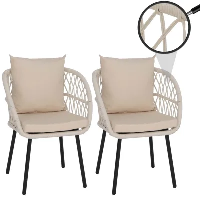 2er-Set Gartenstuhl MCW-Q38, Gartensessel Armlehne, Aluminium Seilgeflecht Rope ~ Gestell schwarz, Polster creme