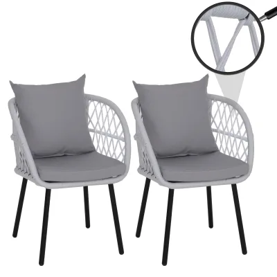 2er-Set Gartenstuhl MCW-Q38, Gartensessel Armlehne, Aluminium Seilgeflecht Rope ~ Gestell schwarz, Polster hellgrau
