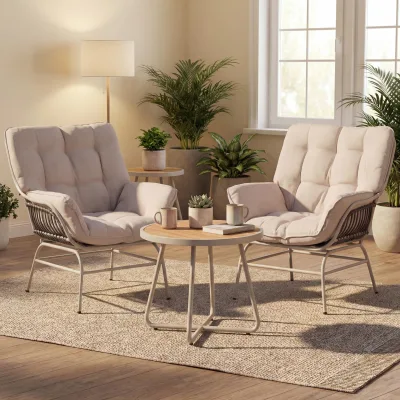 2er-Set Loungestuhl MCW-P75, Loungesessel Relaxstuhl, Stoff 220g/m² Poly-Rattan Metall ~ hellgrau, Polster beige