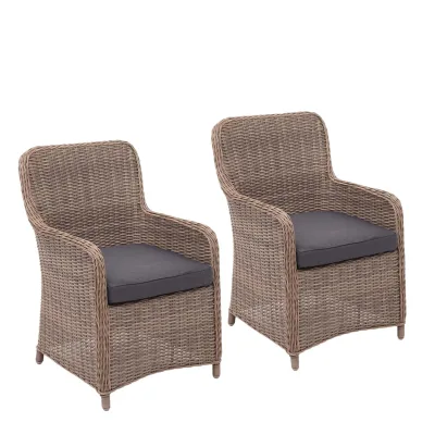 2er-Set Poly-Rattan Stuhl MCW-E98, Rattanstuhl Gartenstuhl Korbsessel, Spun Poly halbrundes Rattan MVG beige Kissen grau