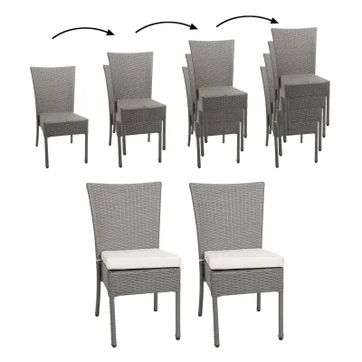 2er-Set Poly-Rattan Stuhl MCW-G19, Balkonstuhl Gartenstuhl, stapelbar ~ grau, Kissen creme