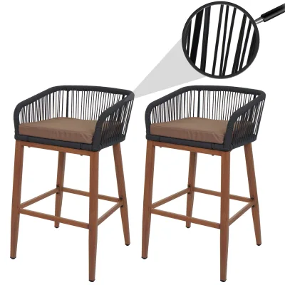 2er-Set Rope-Barhocker MCW-O22, Outdoor Sitzpolster Seilgeflecht Metall Holz-Optik ~ anthrazit, Kissen taupe