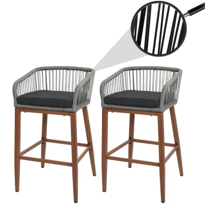 2er-Set Rope-Barhocker MCW-O22, Outdoor Sitzpolster Seilgeflecht Metall Holz-Optik ~ hellgrau, Kissen dunkelgrau