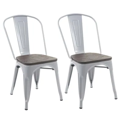 2er-Set Stuhl MCW-A73 inkl. Holz-Sitzfläche, Bistrostuhl Stapelstuhl, Metall Industriedesign stapelbar ~ grau