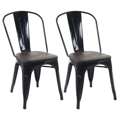 2er-Set Stuhl MCW-A73 inkl. Holz-Sitzfläche, Bistrostuhl Stapelstuhl, Metall Industriedesign stapelbar ~ schwarz