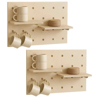 2er-Set Wandpaneel MCW-P24, Wanddekoration Wandregal Steckboard, 4 Ebenen Aufhängung 60x40cm MVG ~ naturfarben