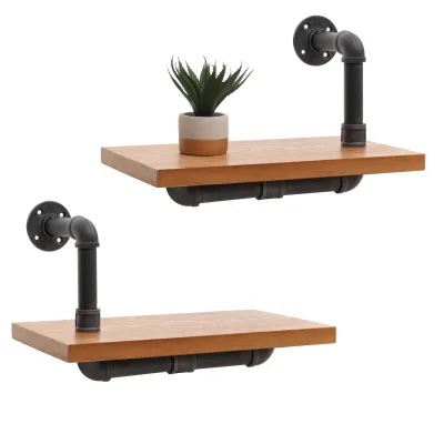 2er-Set Wandregal MCW-N29, Hängeregal Regal Bücherregal, 3D-Struktur Industrial Stahl Massiv-Holz 29x45x25cm ~ natur