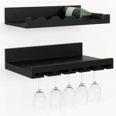 2er-Set Weinregal MCW-P22, Glas-/Flaschenhalter Wandbar für 6 Flaschen/15 Gläser Holz MVG-zertifiziert 61x28cm ~ schwarz