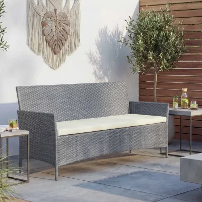 3-Sitzer Poly-Rattan Gartenbank Hamar, Sitzbank ~ grau, Kissen creme