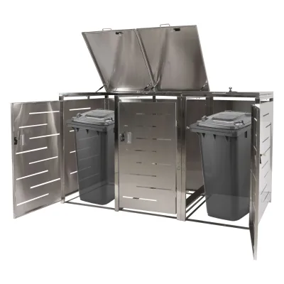3er-Mülltonnenverkleidung MCW-E83, Mülltonnenbox Mülltonnenabdeckung, erweiterbar 117x197x80cm ~ Edelstahl 68kg