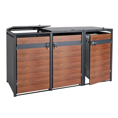 3er Mülltonnenverkleidung MCW-J82, Mülltonnenbox, erweiterbar, Metall 80kg, anthrazit ~ Kirsche-Holzoptik dunkelbraun