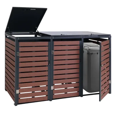 3er Mülltonnenverkleidung MCW-K14, Mülltonnenbox Mülltonnenabdeckung, 119x205x84cm WPC Metall 109kg ~ Walnuss-Holzoptik