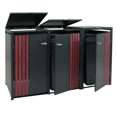 3er-Mülltonnenverkleidung MCW-O67, Mülltonnenbox mit Deckel, Metall 122x200x84cm 83kg ~ anthrazit Holzoptik dunkel