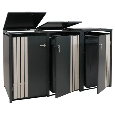 3er-Mülltonnenverkleidung MCW-O67, Mülltonnenbox mit Deckel, Metall 122x200x84cm 83kg ~ anthrazit Holzoptik hell