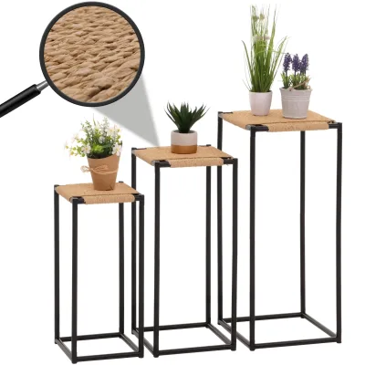 3er-Set Blumentisch MCW-N70, Beistelltisch Tisch Blumenständer Ablage, stapelbar, Metall Papierseil ~ naturfarben