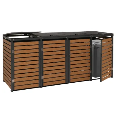 4er Mülltonnenverkleidung MCW-K14, Mülltonnenbox Mülltonnenabdeckung, 119x264x84cm WPC Metall 130kg ~ Teak-Optik