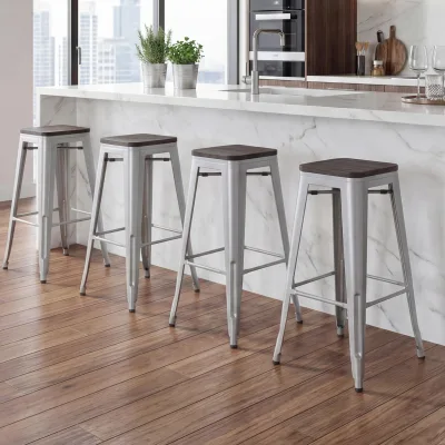 4er-Set Barhocker MCW-A73 inkl. Holz-Sitzfläche, Barstuhl Tresenhocker, Metall Industriedesign stapelbar ~ grau