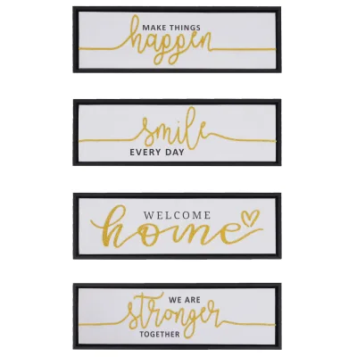 4er-Set Wandbild MCW-N96, Wanddekoration Bilderrahmen Sprüche Smile Home, Holz Leinwand 15x45cm