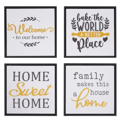 4er-Set Wandbild MCW-N96, Wanddekoration Bilderrahmen Sprüche Sweet Home Welcome World Family, Holz Leinwand 30x30cm