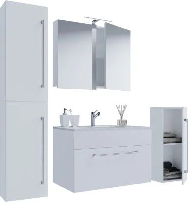 5-tlg. Waschplatz "Badinos 1 Schubfach" 80 cm | Mit Spiegelschrank + Midi-/Hochschrank Weiß