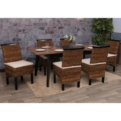6er-Set Esszimmerstuhl Korbstuhl Acireale Stuhl Bananengeflecht ~ dunkel, mit Kissen